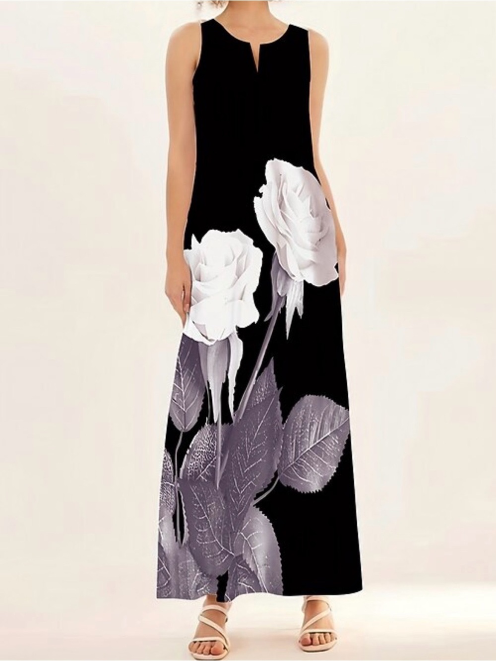 Sleeveless Black Maxi Dress with White Rose Print